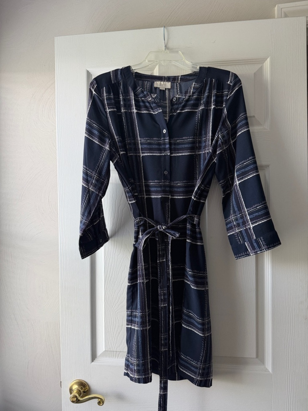 Loft Navy Plaid Belted Shirt Dress - Women